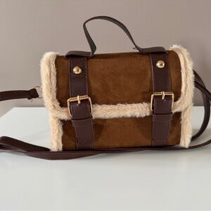 Brown Faux Fur Trim Crossbody Bag